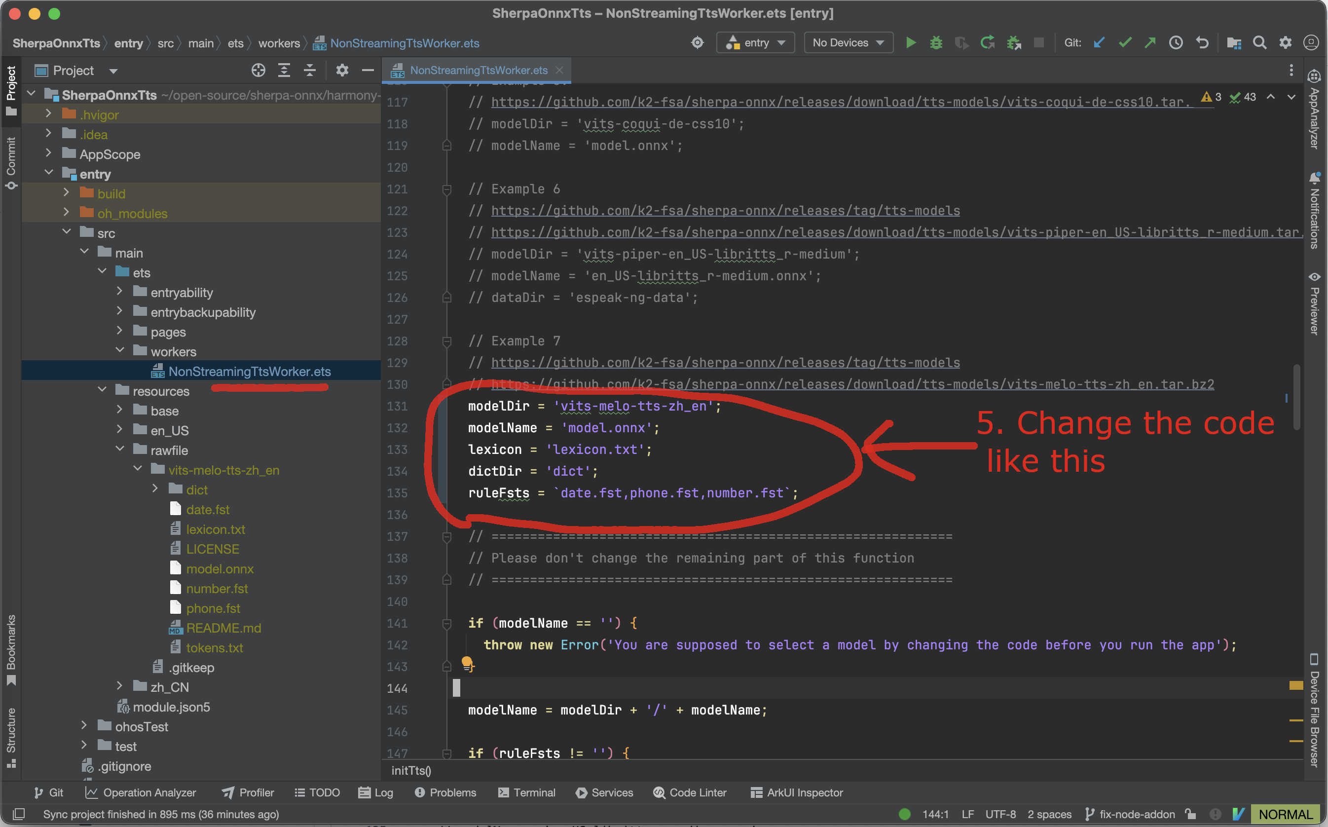 Screenshot of changing code for vits-melo-tts-zh_en