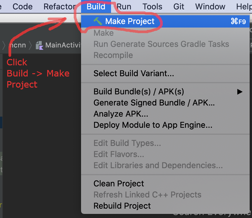 Select ``Build -> Make Project``