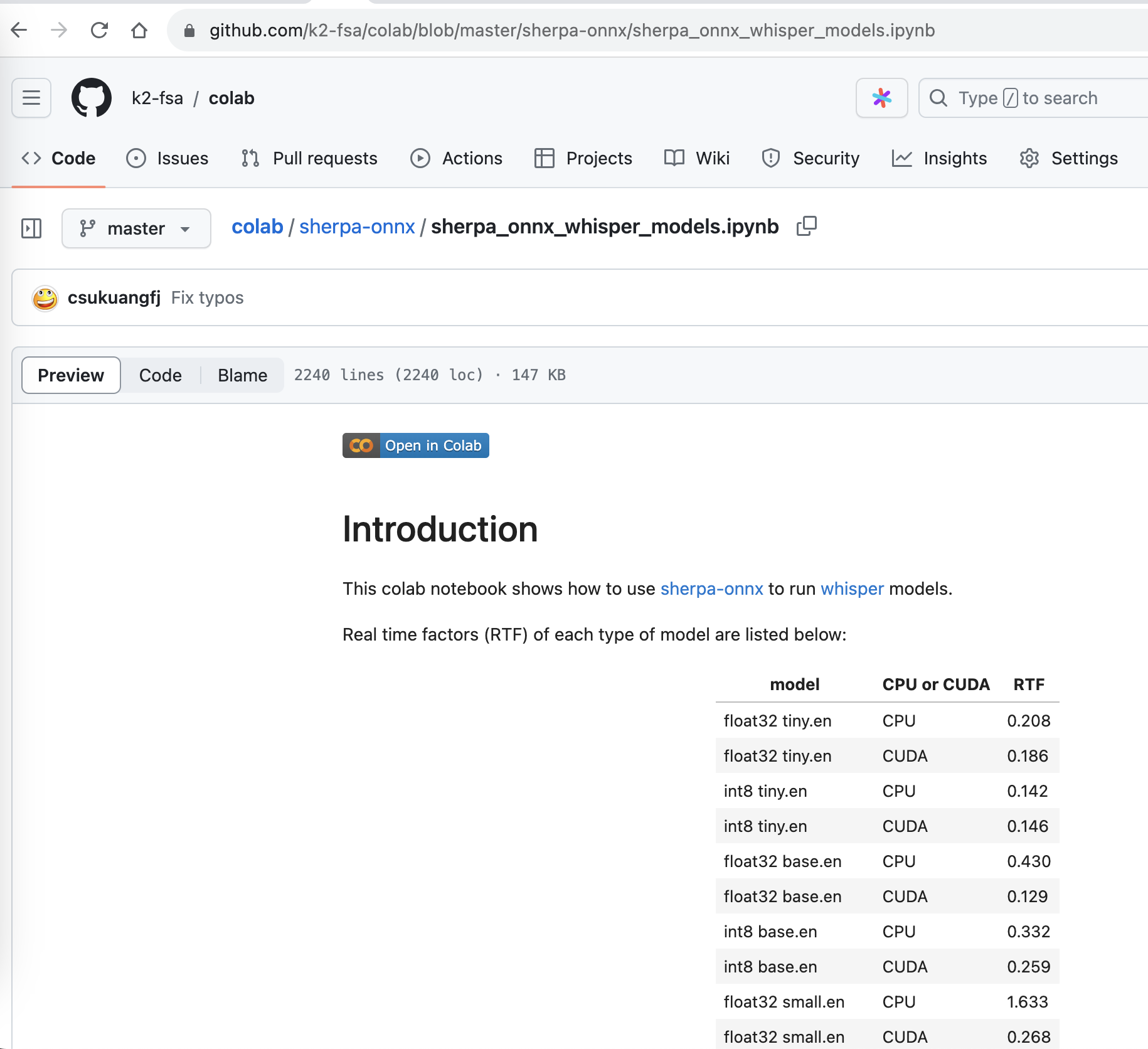 screenshot of using whisper with sherpa-onnx in colab